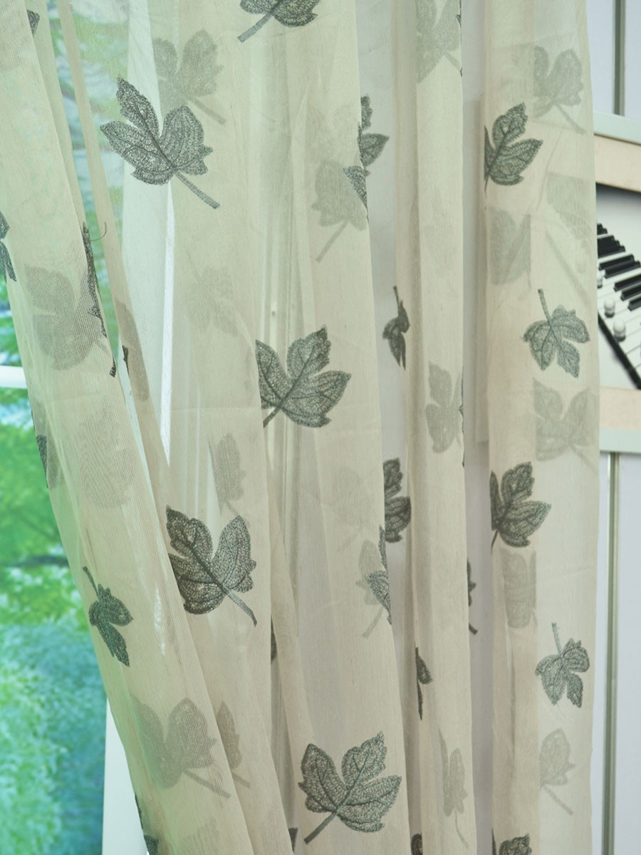 Elbert Maple Leaves Pattern Embroidered Grommet White