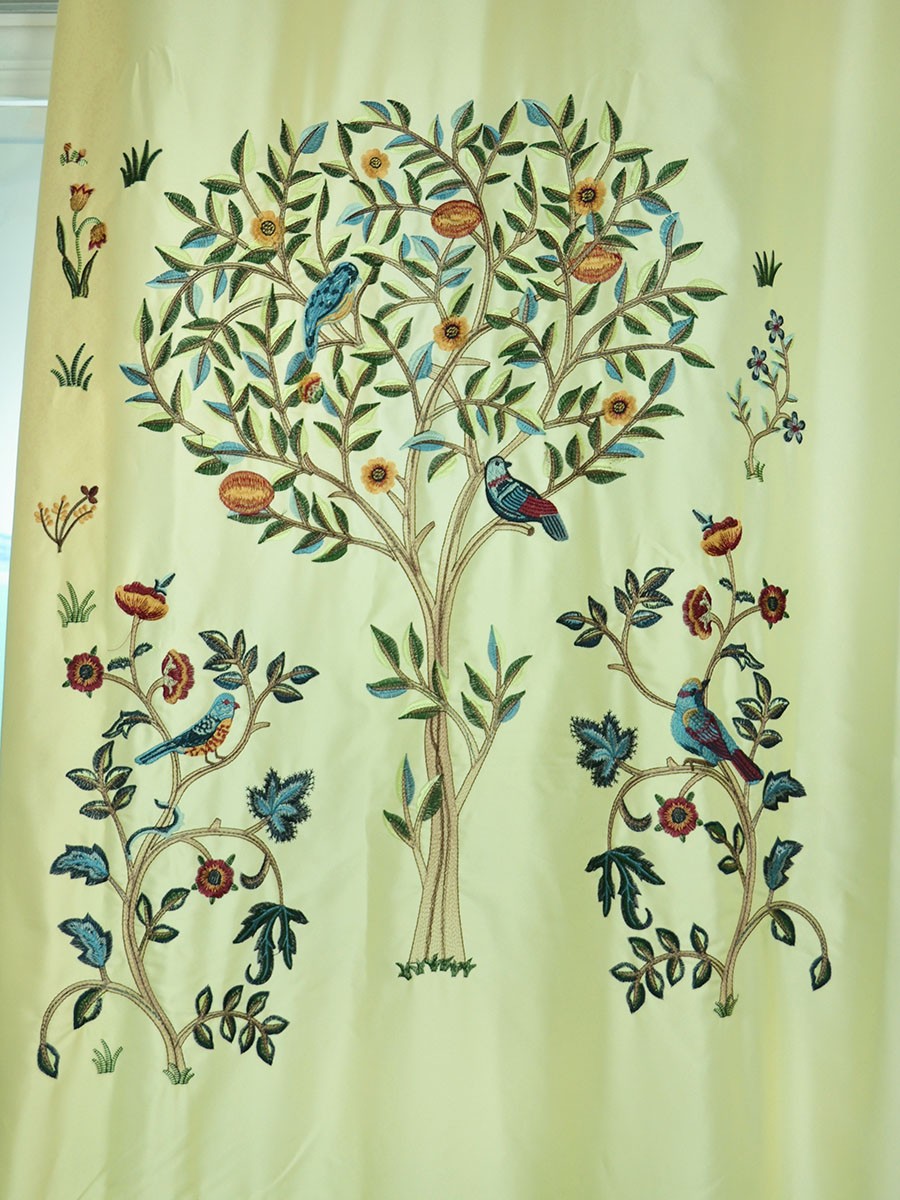 Living Room Morgan Beige Blue Embroidered Bird Tree Faux Silk Custom Curtains