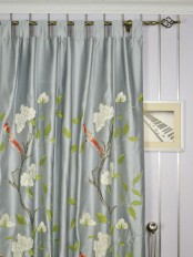 120 Inch Extra Wide Morgan Gray Embroidered Bird Branch Faux Silk Curtains