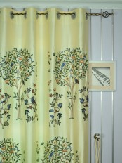 120 Inch Extra Wide Morgan Beige & Blue Embroidered Bird Tree Faux Silk Curtains