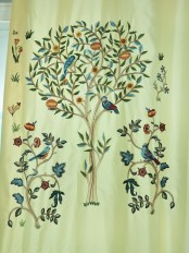 Morgan Beige & Blue Embroidered Bird Tree Faux Silk Custom Made Curtains