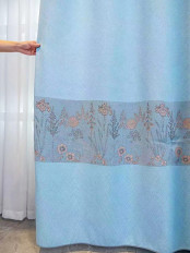 Chenille Custom Made Curtains Pretty Jacquard Flowers Blue Grey Pink(Color: Navy)
