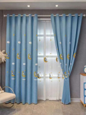 QY24H06D Fashion Children Chenille Embroidered Hello Kitty Blue Custom Made Curtains