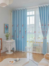 QY24H06E High Quality Fashion Children Chenille Embroidered Cute Astronaut Blue Custom Made Curtains