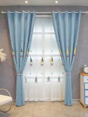 QY24H06GD High Quality Children Chenille Embroidered Blue Sailboats Grommet Ready Made Curtains(Color: Blue)