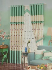 Eclipse Embroidered Flowers Stitching Style and Ruffle Grommet Curtain (Color: Celadon Green)