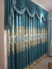 QYC125HA Hebe European Floral Luxury Damask New Chenille Embroidered Blue Ready Made Grommet Curtains
