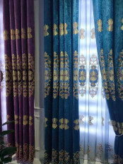  QYC125LA Hebe Small Shells Luxury Damask Chenille Embroidered Blue Purple Ready Made Grommet Curtains