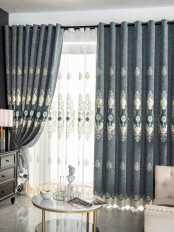 QYC225QA Bimberi Embossed Small Peony Luxury Chenille Blue Grey Ready Made Grommet Curtains
