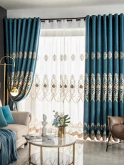 QYC225SA Bimberi New Flowers Luxury Embroidered Chenille Blue Grey Ready Made Grommet Curtains