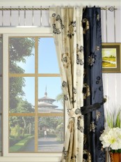 Silver Beach Embroidered Leaves Back Tab Faux Silk Curtains