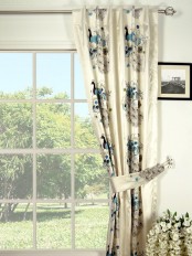 Silver Beach Embroidered Peacocks Back Tab Faux Silk Curtain