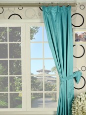 Waterfall Solid Blue Versatile Pleat Faux Silk Curtain