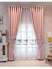 QYFL1221E Yukon Children Embroidered Houses And Starry Sky Grey Blue Pink Custom Made Curtains(Color: Pink)