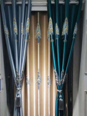 QYFL1821E On Sales Rainier Brocade Faux Silk Pines Jacquard Grey Yellow Blue Custom Made Curtains