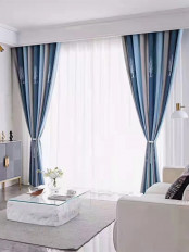 QYFL223A On Sales Petrel Blue Grey Stripe Chenille Custom Made Curtains(Color: Blue)