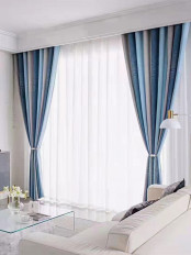 QYFL224A On Sales Petrel Blue Grey Stripe Chenille Custom Made Curtains(Color: Blue)