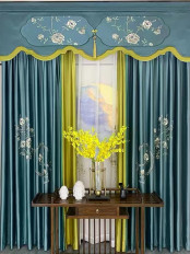 EQYHL225LA Extra Long Blue Embroidered Flowers Faux Silk Pinch Pleat Ready Made Blockout Curtains For Dining Room