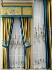 EQYHL225TA Extra Wide EEmbroidered Blooming Flowers Blue Yellow Ready Made Pencil Pleat Blockout Curtains For Sliding Doors(Color: Yellow)