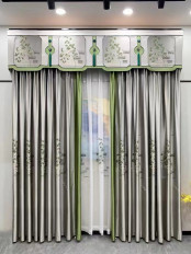 QYHL225V Silver Beach Embroidered Chinese Green Pine Faux Silk Blockout Custom Made Curtains For Living Room