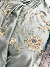 QYHL226FS Silver Beach Embroidered Peony Faux Silk  Fabric Samples