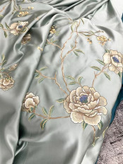 QYHL226FS Silver Beach Embroidered Peony Faux Silk  Fabric Samples