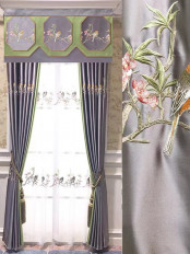 QYHL226G Silver Beach Embroidered Birds Faux Silk Custom Made Curtains For Large Windows