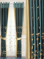QYL2020C Silver Beach Embroidered Ginkgo Leaves Faux Silk Custom Made Curtains