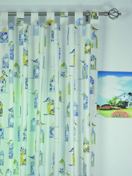 Alamere Birdhouses Printed Tab Top Cotton Curtain Heading Style