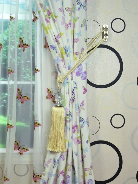 Alamere Butterflies Printed Double Pinch Pleat Cotton Curtain Tassel Tiebacks