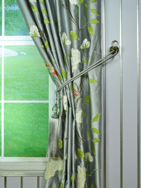 120 Inch Extra Wide Morgan Gray Embroidered Bird Branch Faux Silk Curtains Tassel Tieback