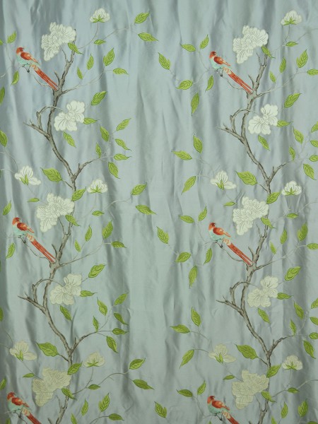 120 Inch Extra Wide Morgan Gray Embroidered Bird Branch Faux Silk Curtains Fabric