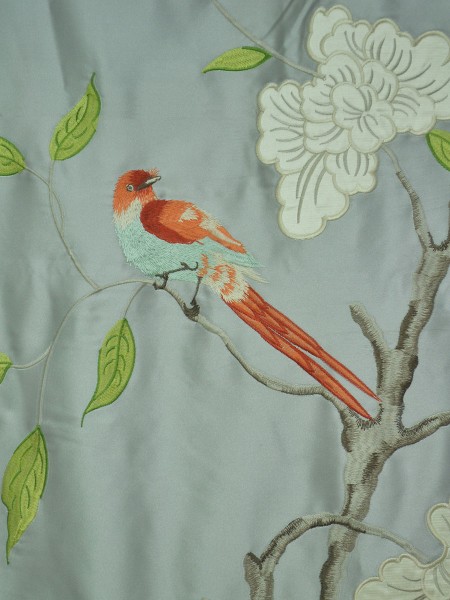 120 Inch Extra Wide Morgan Gray Embroidered Bird Branch Faux Silk Curtains Fabric Details