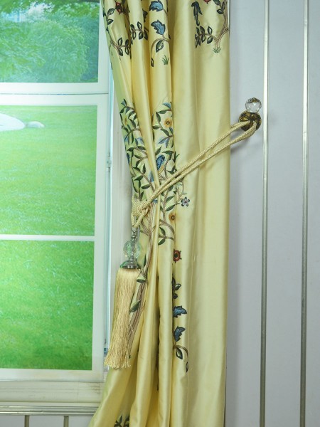 Morgan Beige & Blue Embroidered Bird Tree Grommet Faux Silk Curtains Ready Made Tassel Tiebacks