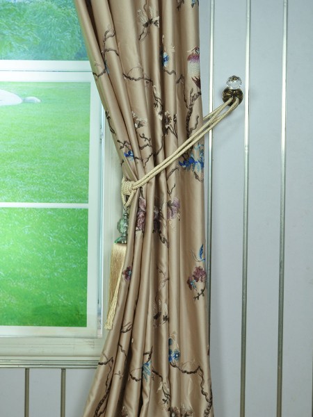 Morgan Light Apricot Embroidered Branch Grommet Faux Silk Curtains Ready Made Tassel Tieback