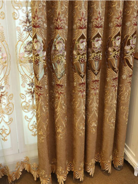 QY2168A Maia Embroidered Floral Thick Chenille Custom Made Curtains(Color: Coffee)