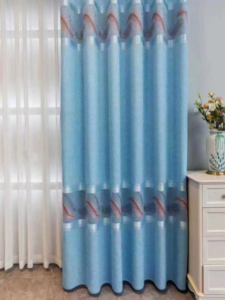 Jacquard Ready Made Curtains Eyelet Blackout Feather Chenille Drapery(Color: Navy)