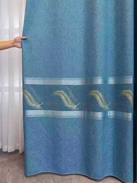 Jacquard Ready Made Curtains Eyelet Blackout Feather Chenille Drapery(Color: Blue)
