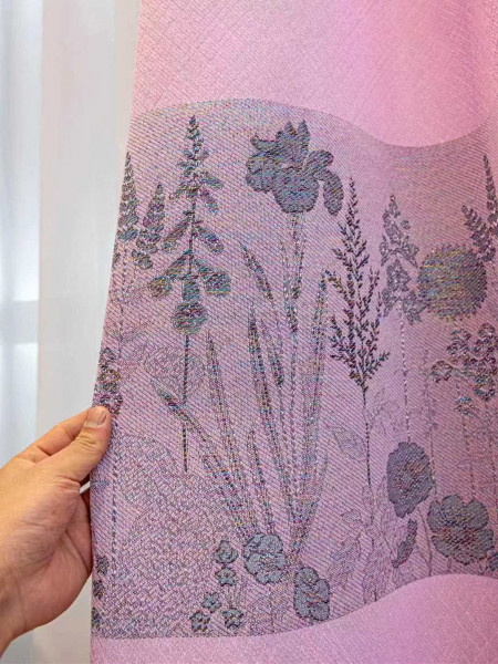 Eyelet Ready Made Curtains Blackout Jacquard Flowers Chenille Drapery(Color: Pink)