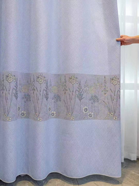 Eyelet Ready Made Curtains Blackout Jacquard Flowers Chenille Drapery(Color: Grey)