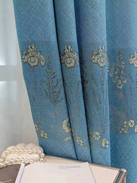 Chenille Custom Made Curtains Pretty Jacquard Flowers Blue Grey Pink(Color: Blue)