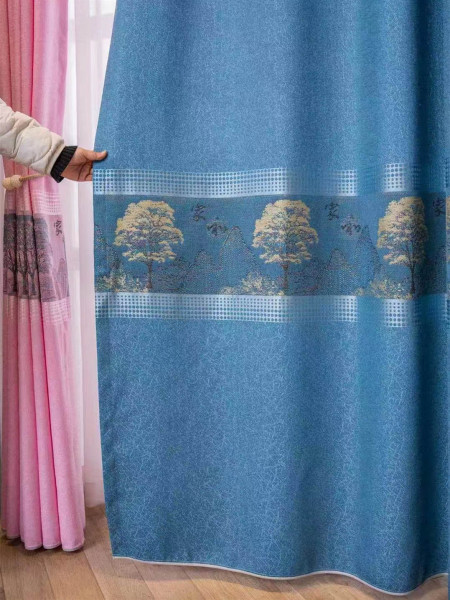 Eyelet Ready Made Blackout Curtains Jacquard Trees Chenille Panels(Color: Blue)