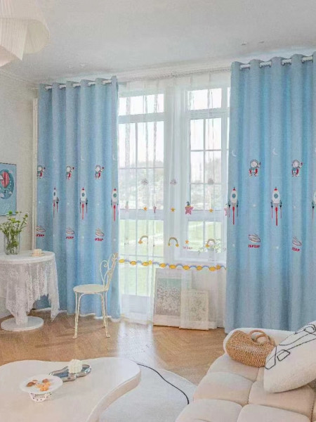 QY24H06E High Quality Fashion Children Chenille Embroidered Cute Astronaut Blue Custom Made Curtains