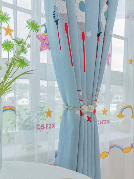 QY24H06E High Quality Fashion Children Chenille Embroidered Cute Astronaut Blue Custom Made Curtains