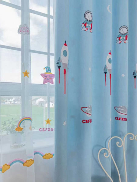 QY24H06ES Fashion Children EmbroideredCute Astronaut Blue Fabric Sample(Color: Blue)