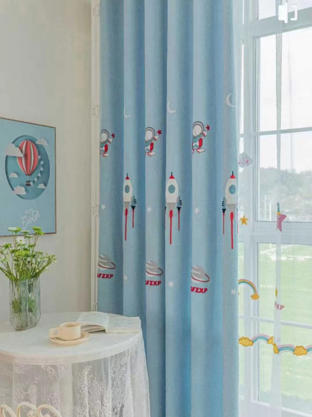 QY24H06ED High Quality Fashion Children Chenille Embroidered Cute Astronaut Blue Grommet Ready Made Curtains