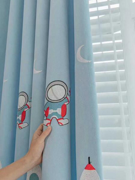 EQY24H06ED High Quality Fashion Children Chenille Embroidered Cute Astronaut Blue Custom Made Curtains