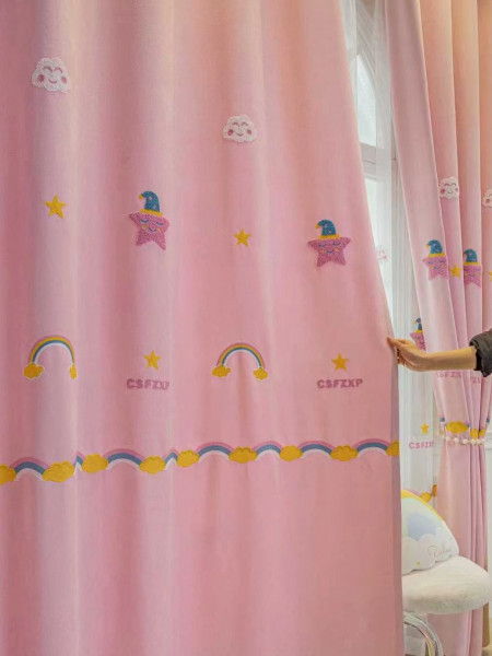 QY24H06FD High Quality Children Chenille Embroidered Cute Pink Stars Grommet Ready Made Curtains