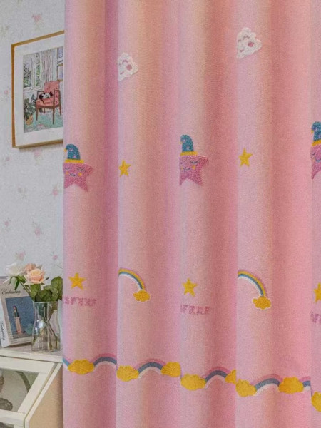 QY24H06F High Quality Children Chenille Embroidered Cute Pink Stars Custom Made Curtains | Cheery Curtains