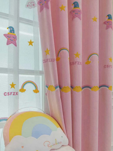 QY24H06FD High Quality Children Chenille Embroidered Cute Pink Stars Grommet Ready Made Curtains